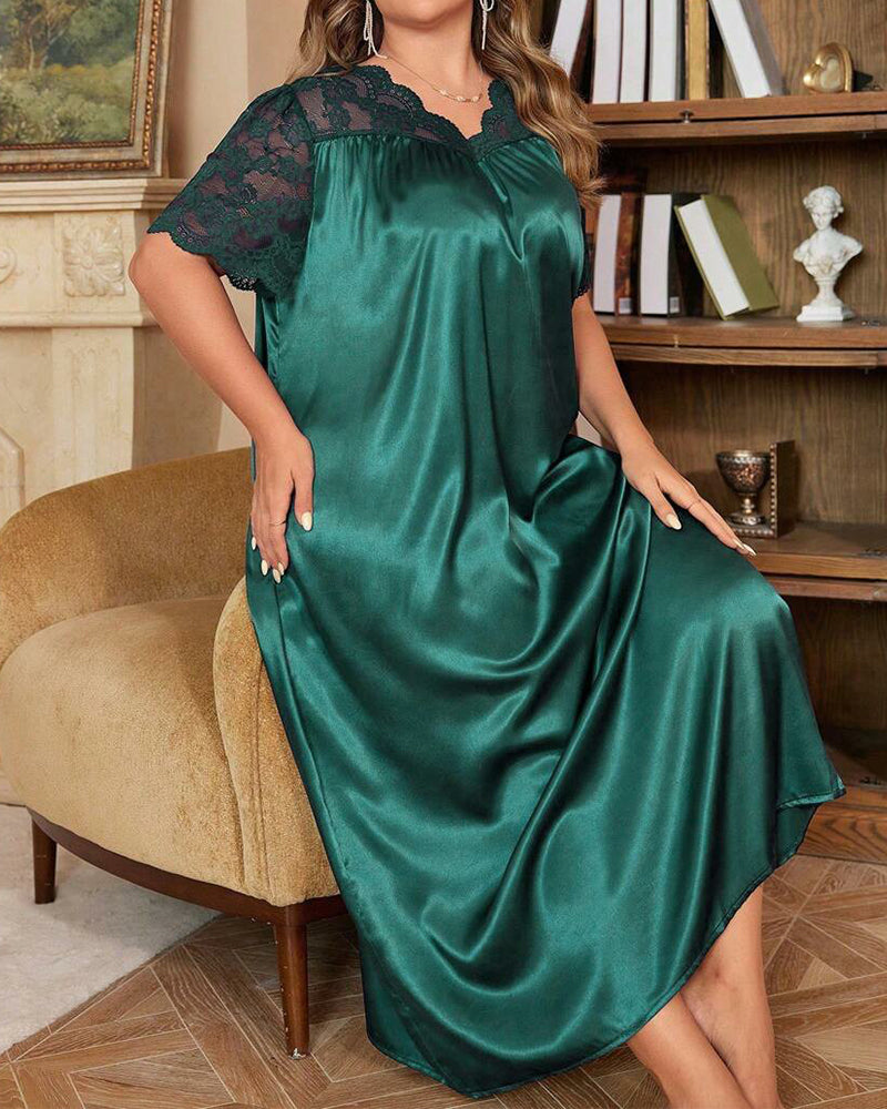 Plus Size Royal Blue Silk Pajama Set with Lace Pattern-Pajama Set-Bellascena-bellascena