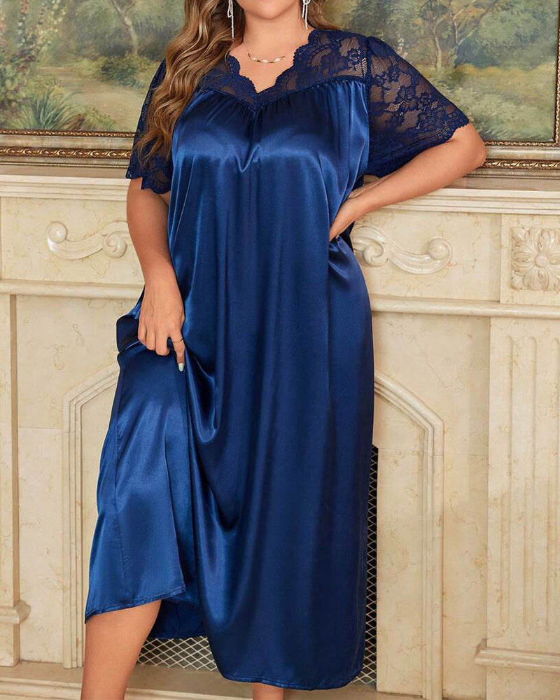 Plus Size Royal Blue Silk Pajama Set with Lace Pattern-Pajama Set-Bellascena-bellascena