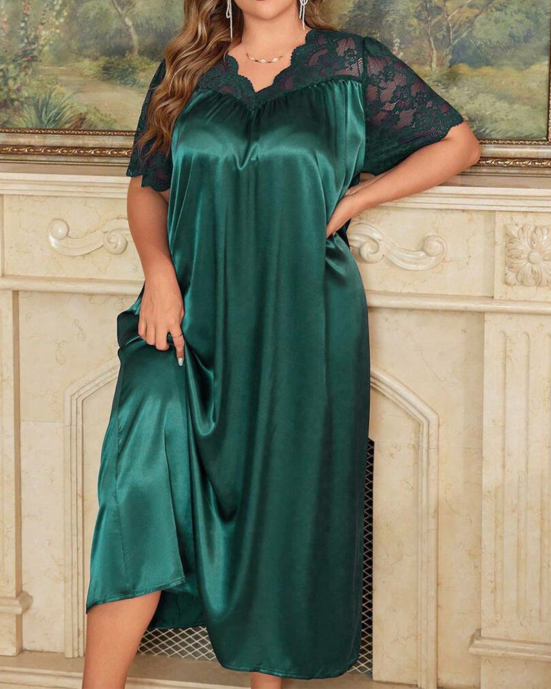 Plus Size Royal Blue Silk Pajama Set with Lace Pattern-Pajama Set-Bellascena-bellascena