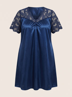 Plus Size Royal Blue Silk Pajama Set with Lace Pattern-Pajama Set-Bellascena-bellascena