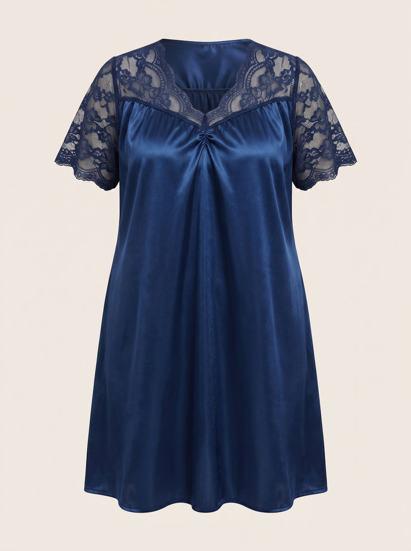 Plus Size Royal Blue Silk Pajama Set with Lace Pattern