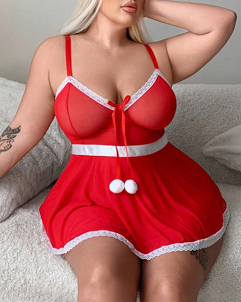 Plus Size Solid Red Mesh Babydoll with Lace Trim Details-Lingerie Set-Bellascena-bellascena