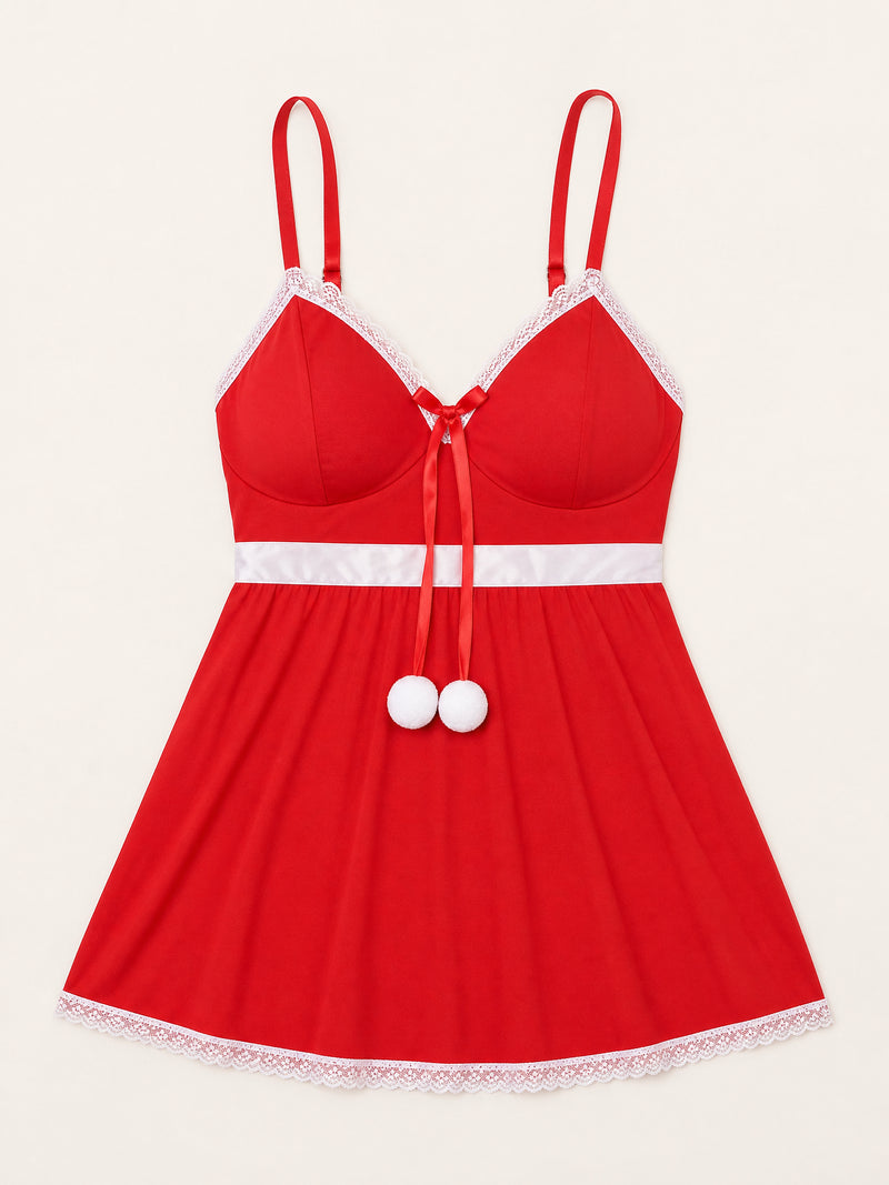 Babydoll rosso tinta unita in rete con dettagli rifiniti in pizzo, taglie forti