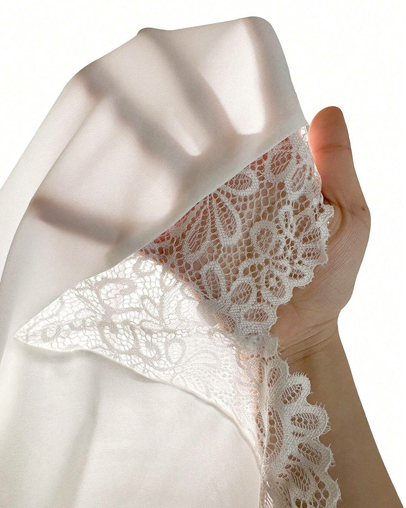 Plus Size White Satin Nightgown with Lace Detail-Nightgown-Bellascena-bellascena