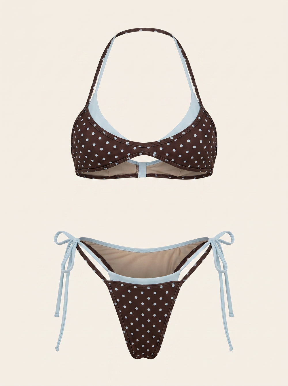 Set bikini marrone in poliestere a pois con dettaglio a laccetto