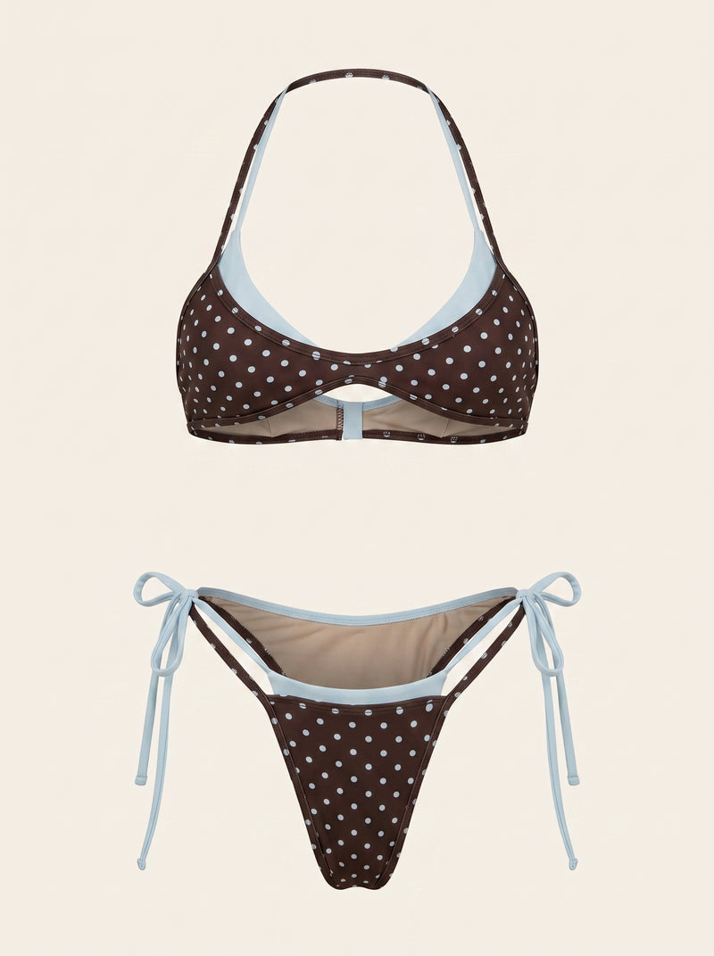 Set bikini marrone in poliestere a pois con dettaglio a laccetto