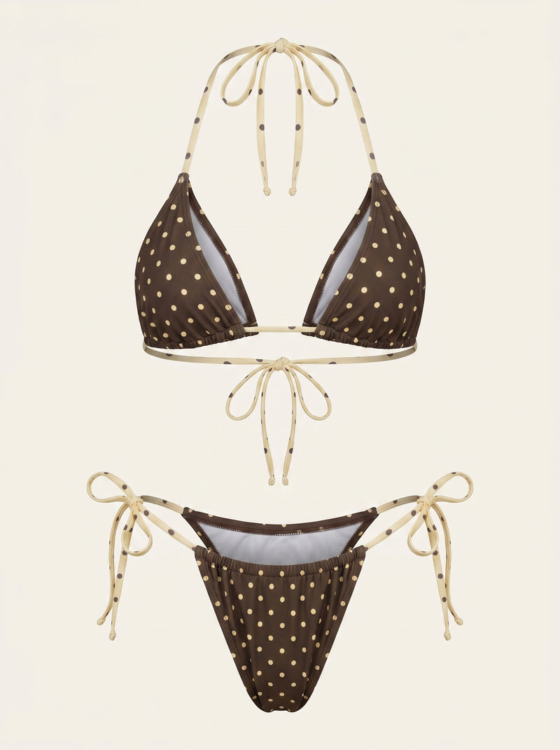 Bas de bikini en polyester à pois avec liens sur les côtés