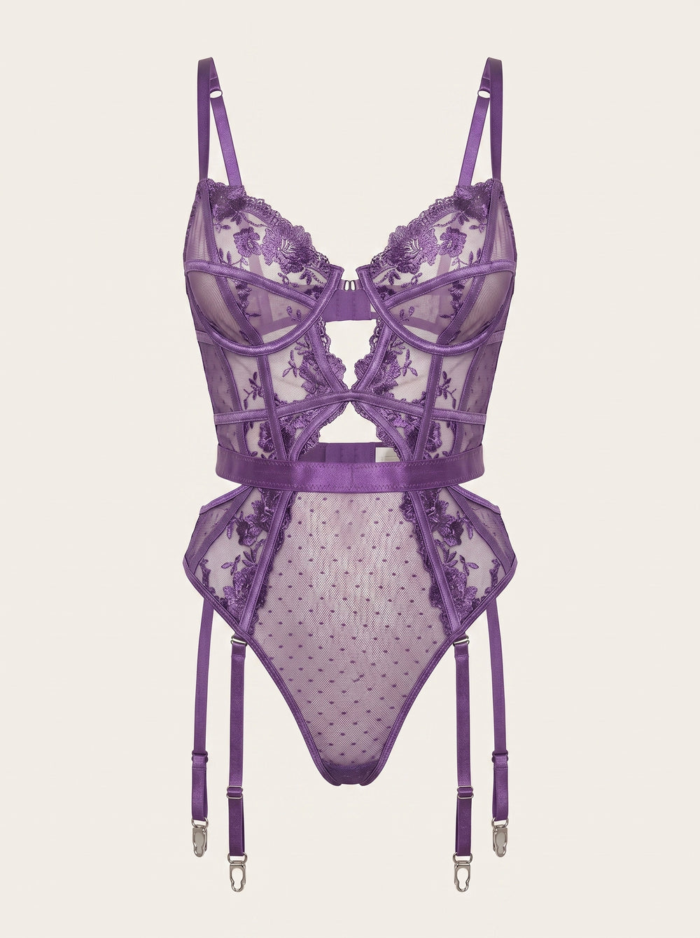 Purple Lace Bodysuit with Strappy Cutout Design