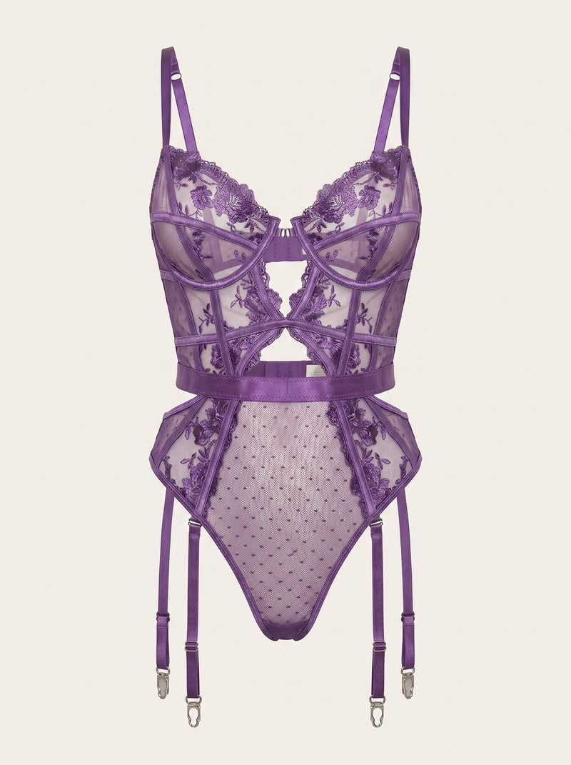 Purple Lace Bodysuit with Strappy Cutout Design