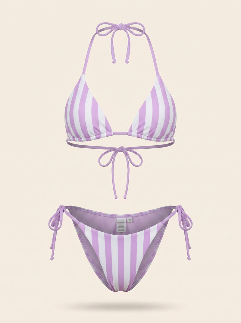 Purple and White Striped Synthetic Bikini Bottom with Tie Sides