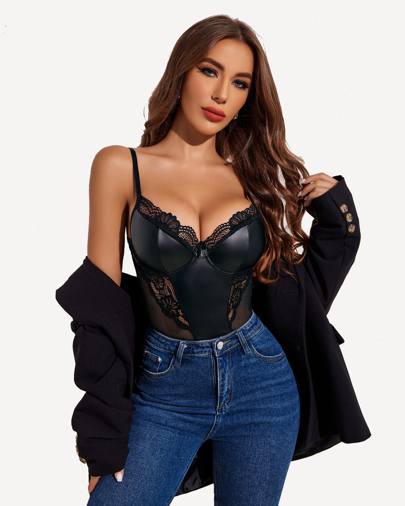 Push-Up Black Satin Bodysuit with Lace Detail-Bodysuit-Bellascena-bellascena