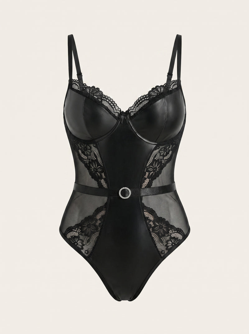 Push-Up Black Satin Bodysuit with Lace Detail