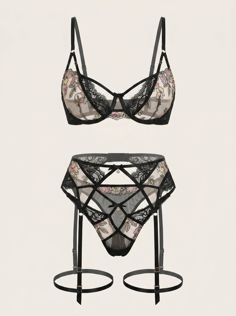 Push-Up Floral Black Embroidered Mesh Lingerie Set with Strappy Design