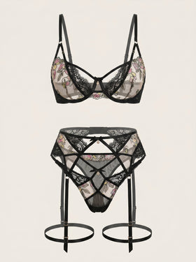 Push-Up Floral Black Embroidered Mesh Lingerie Set with Strappy Design-Bra-Bellascena-Black-S-bellascena