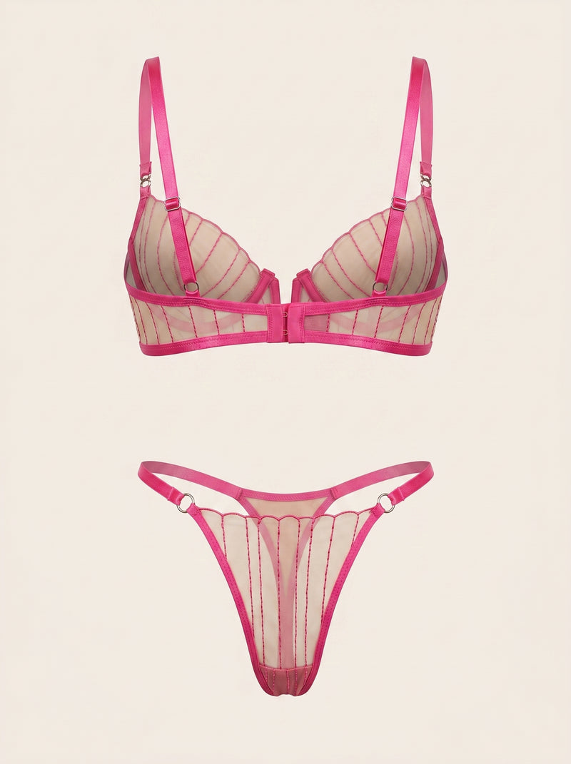 Push-Up Hot Pink Embroidered Mesh Lingerie Set with Strappy Detailing