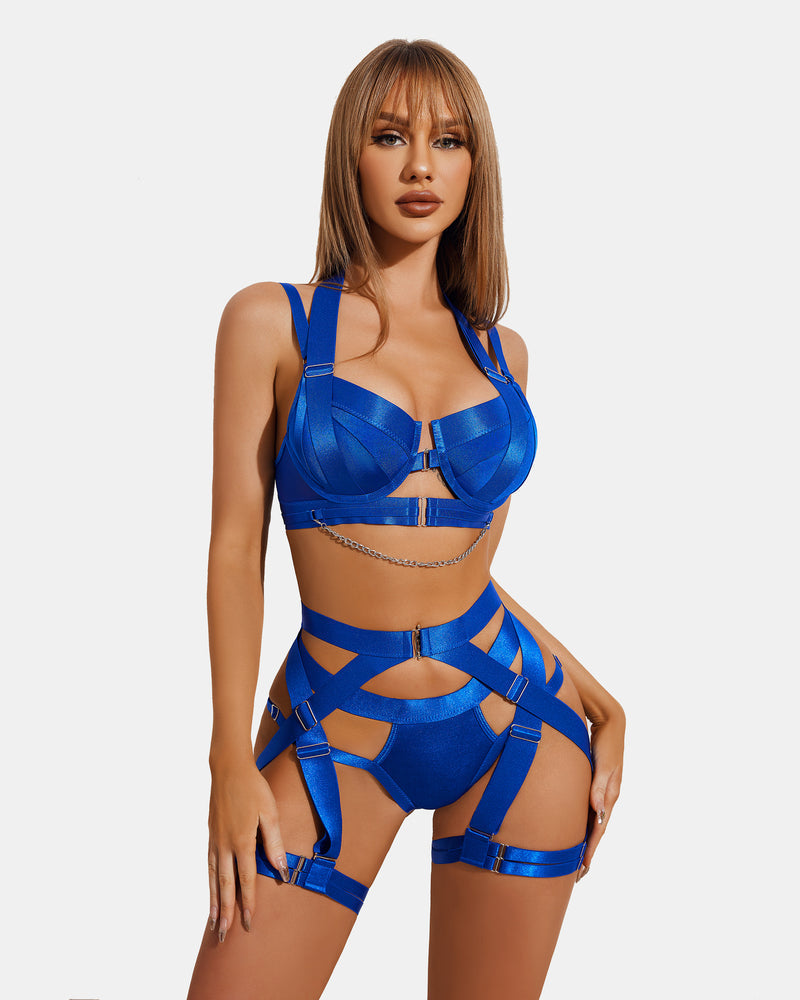 Push-Up Light Pink Satin Lingerie Set with Chain Detail-Lingerie Set-Bellascena-Blue-S-bellascena
