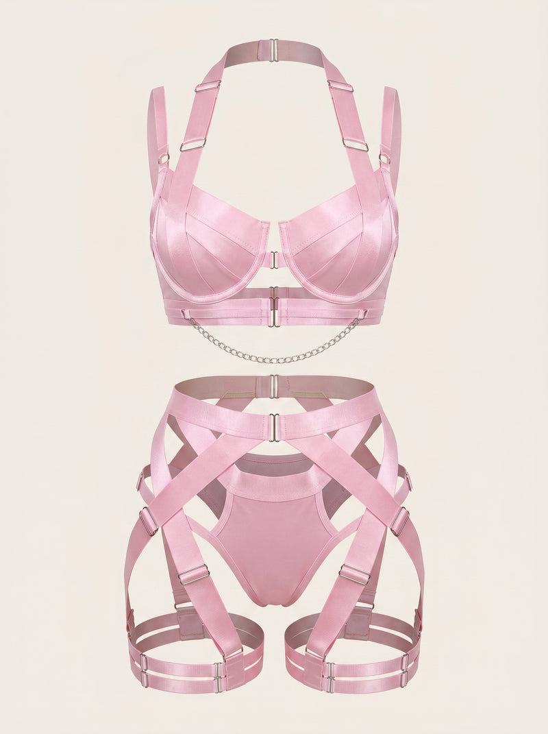 Push-Up Light Pink Satin Lingerie Set with Chain Detail