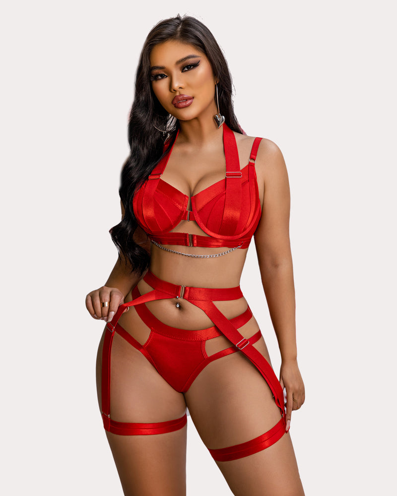 Push-Up Light Pink Satin Lingerie Set with Chain Detail-Lingerie Set-Bellascena-Red-S-bellascena