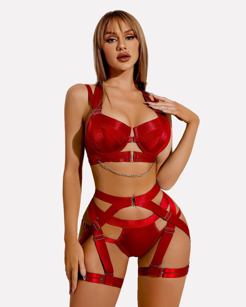 Push-Up Light Pink Satin Lingerie Set with Chain Detail-Lingerie Set-Bellascena-Wine Red-S-bellascena