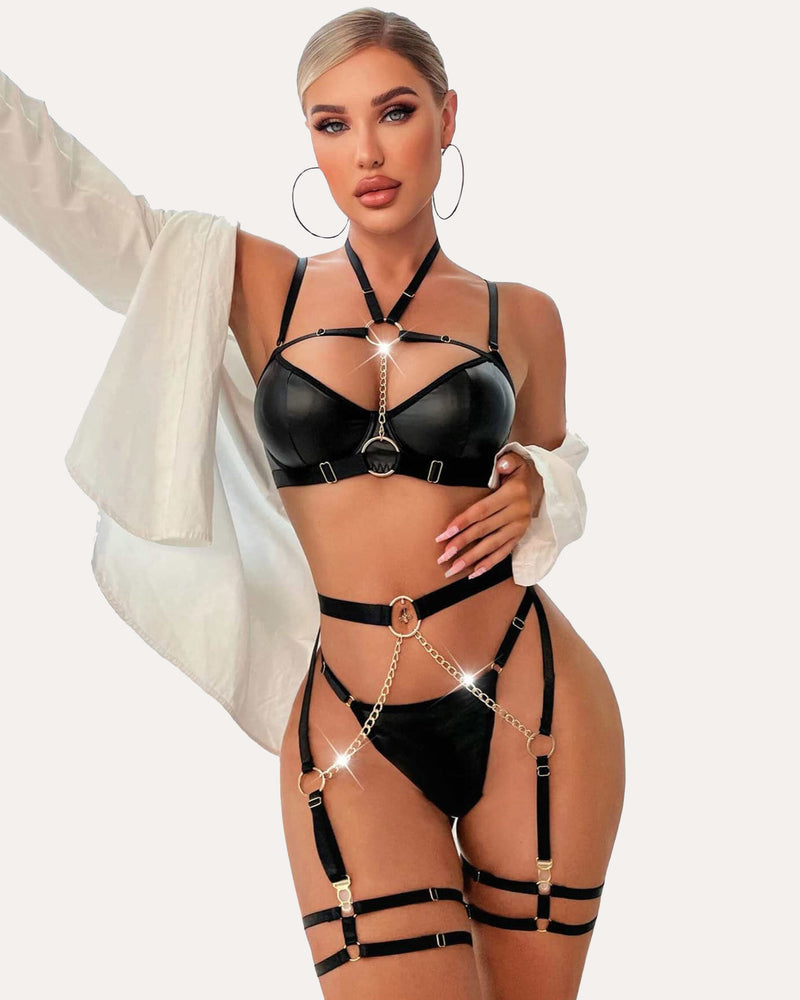 Push-Up Solid Black Satin Bra with Chain Detail-Bra-Bellascena-bellascena