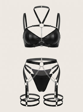 Push-Up Solid Black Satin Bra with Chain Detail-Bra-Bellascena-Black-S-bellascena
