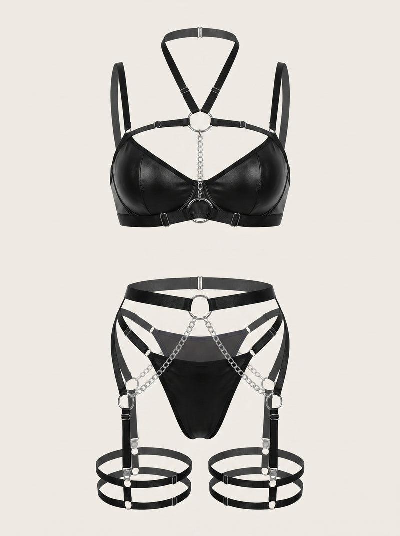 Push-Up Solid Black Satin Bra with Chain Detail