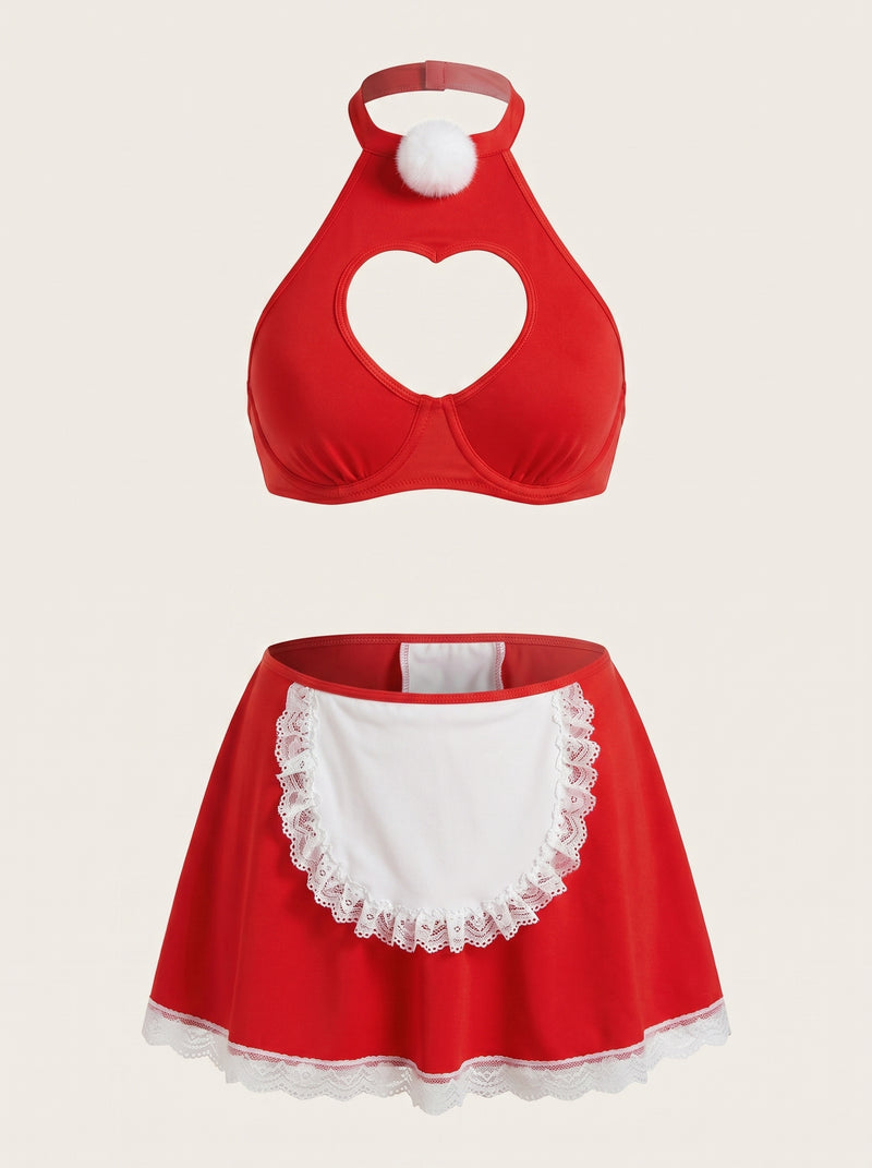 Red Cotton Bodysuit with Heart Cutout and Lace Trim