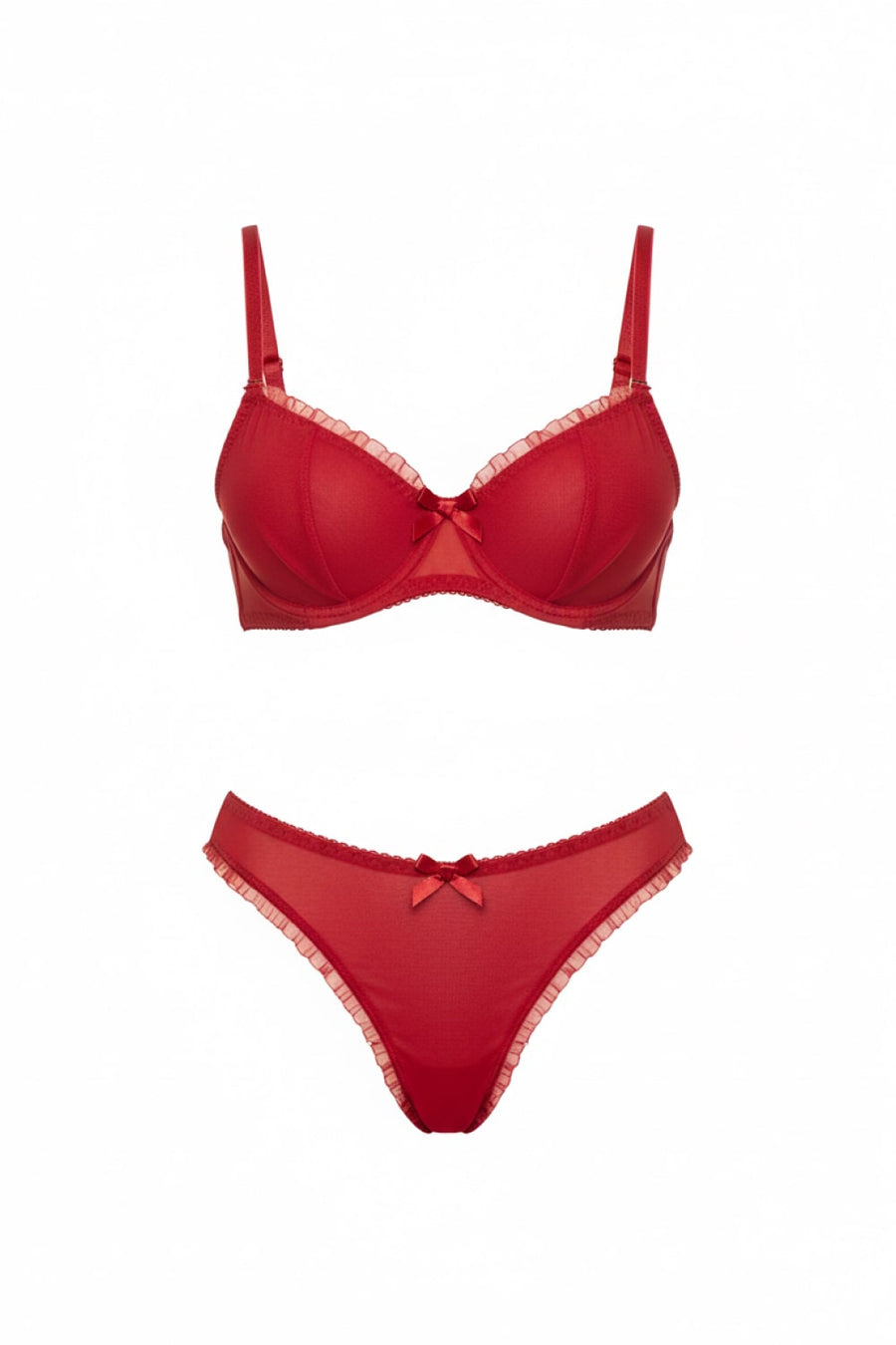 Red Embroidered Mesh Lingerie Set with Ruffle Detail-Lingerie Set-Bellascena-bellascena