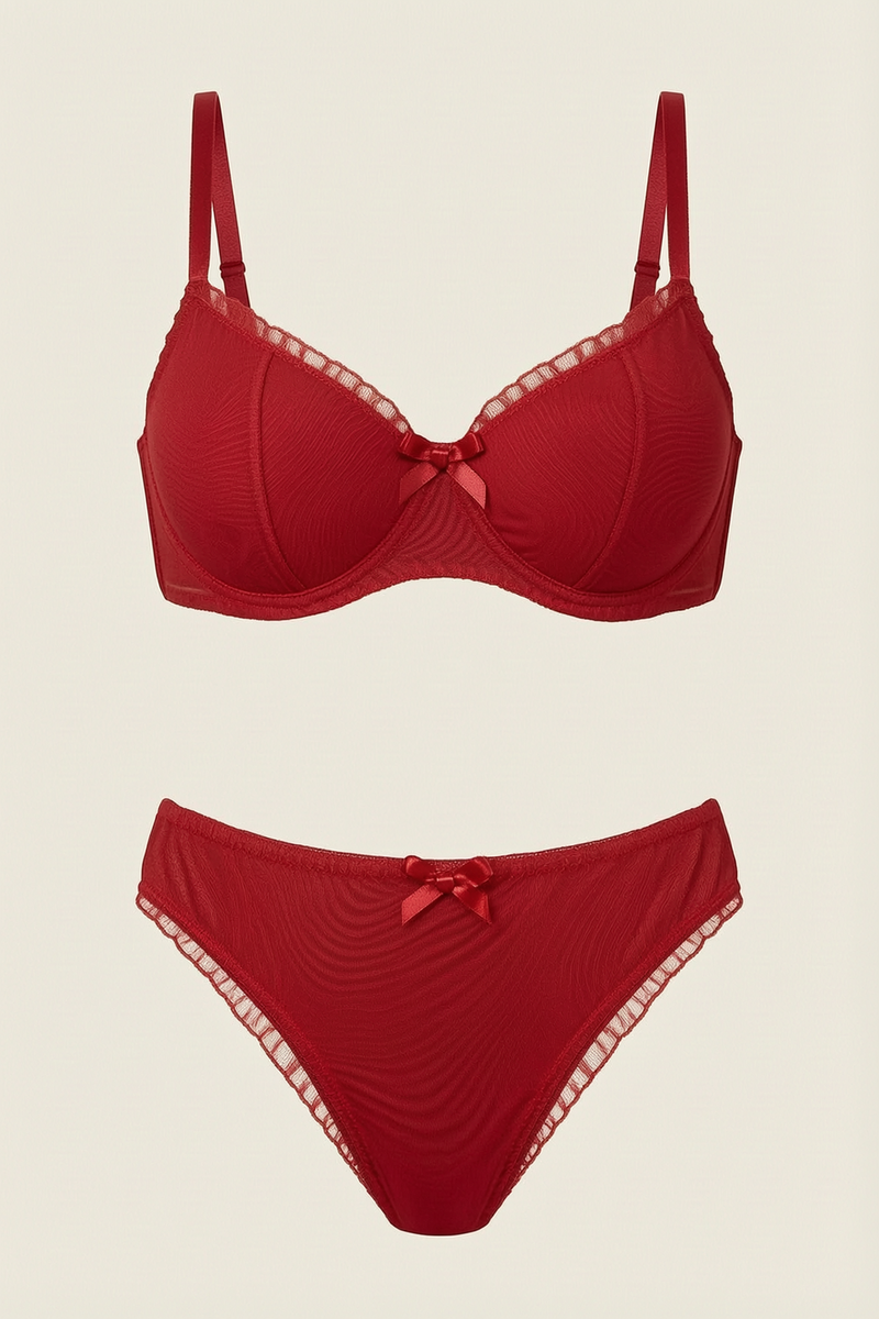 Red Embroidered Mesh Lingerie Set with Ruffle Detail