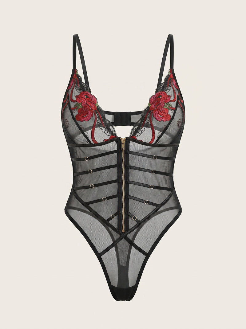 Red Floral Embroidered Mesh Bodysuit with High-Cut Leg