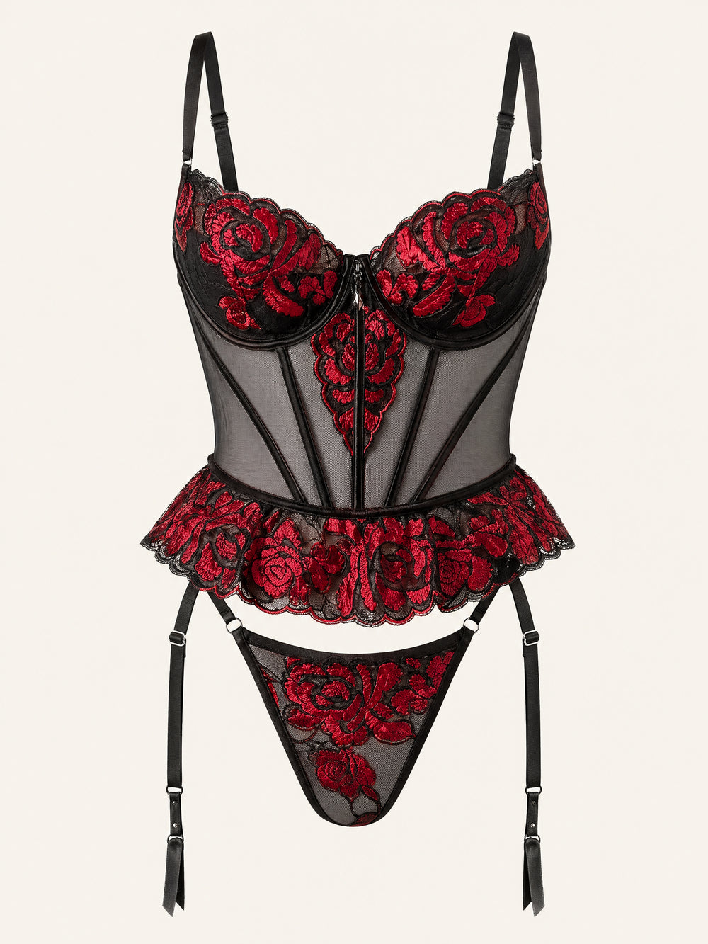 Red Floral Embroidered Mesh Lingerie Set with Scalloped Edges