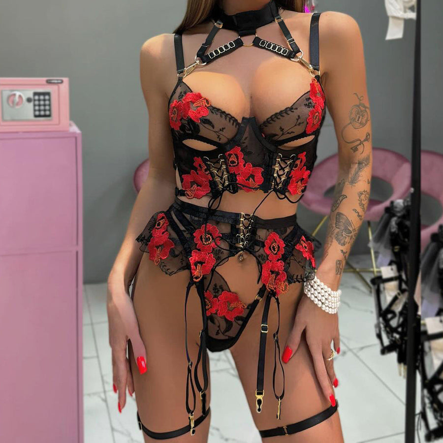 Red Floral Embroidered Mesh Lingerie Set with Strappy Details-Lingerie Set-Bellascena-bellascena