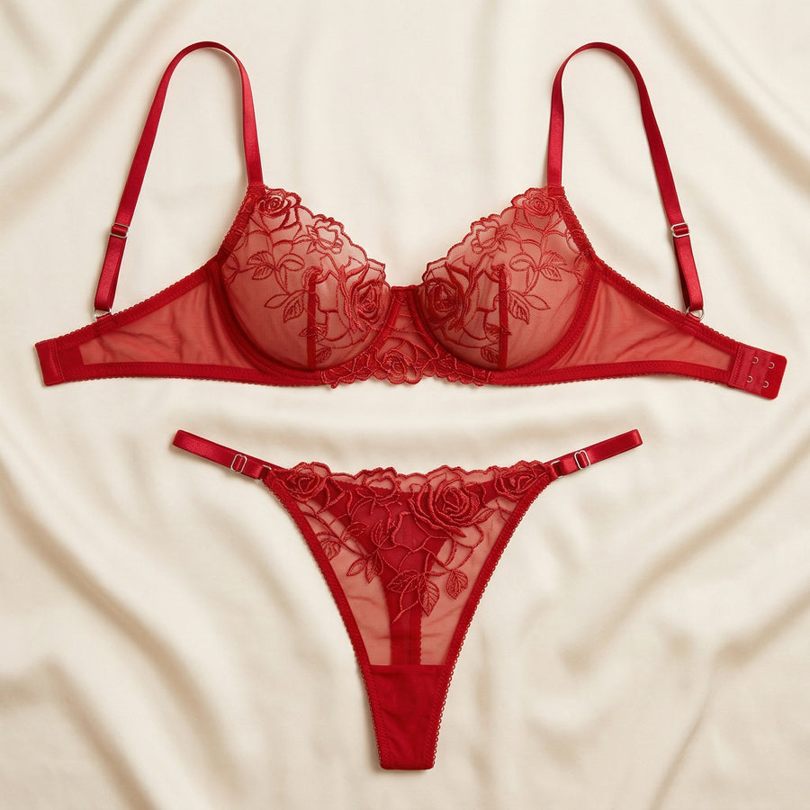 Red Floral Mesh Lingerie Set with Sheer Detail-Lingerie Set-Bellascena-bellascena