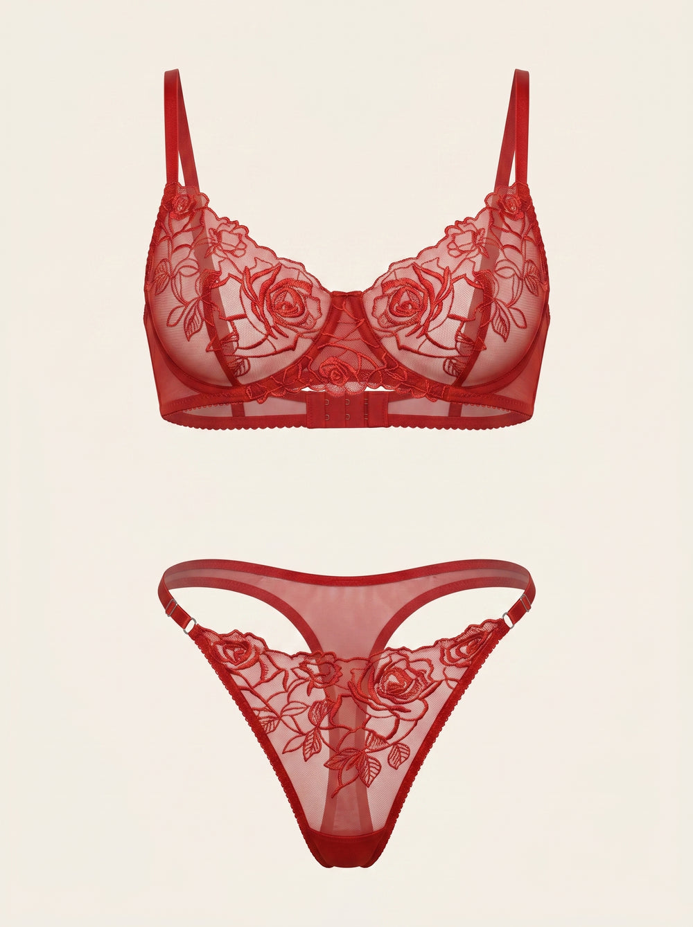 Rotes Mesh-Dessous-Set mit Blumenmuster und transparenten Details