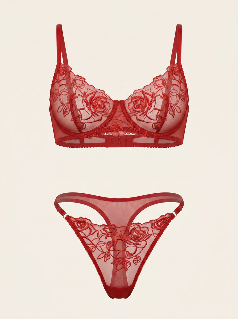 Red Floral Mesh Lingerie Set with Sheer Detail