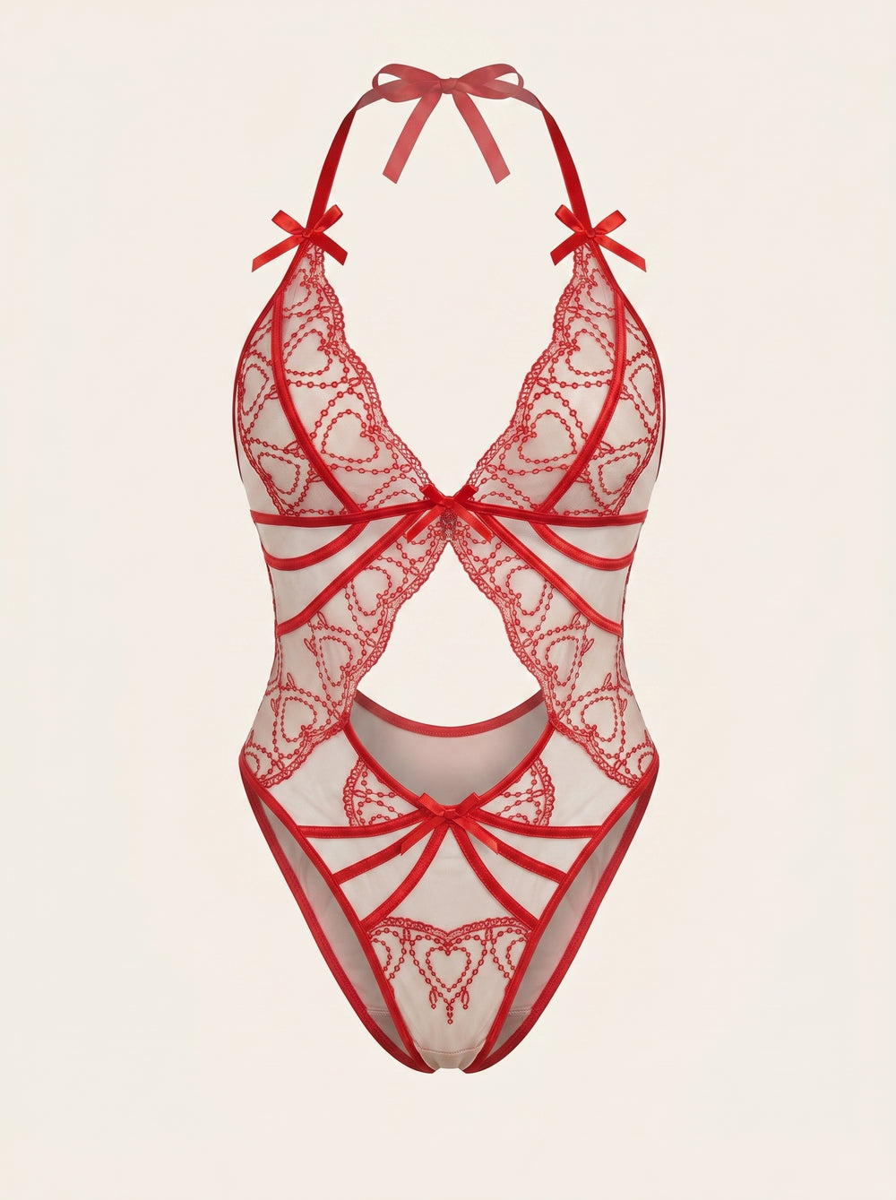 Body in pizzo rosso con cuori, aperture e design a spalline