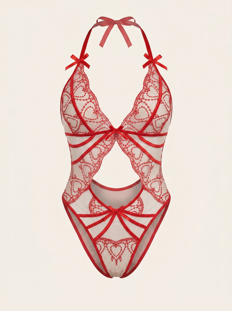 Red Heart Lace Bodysuit with Strappy Cutout Design