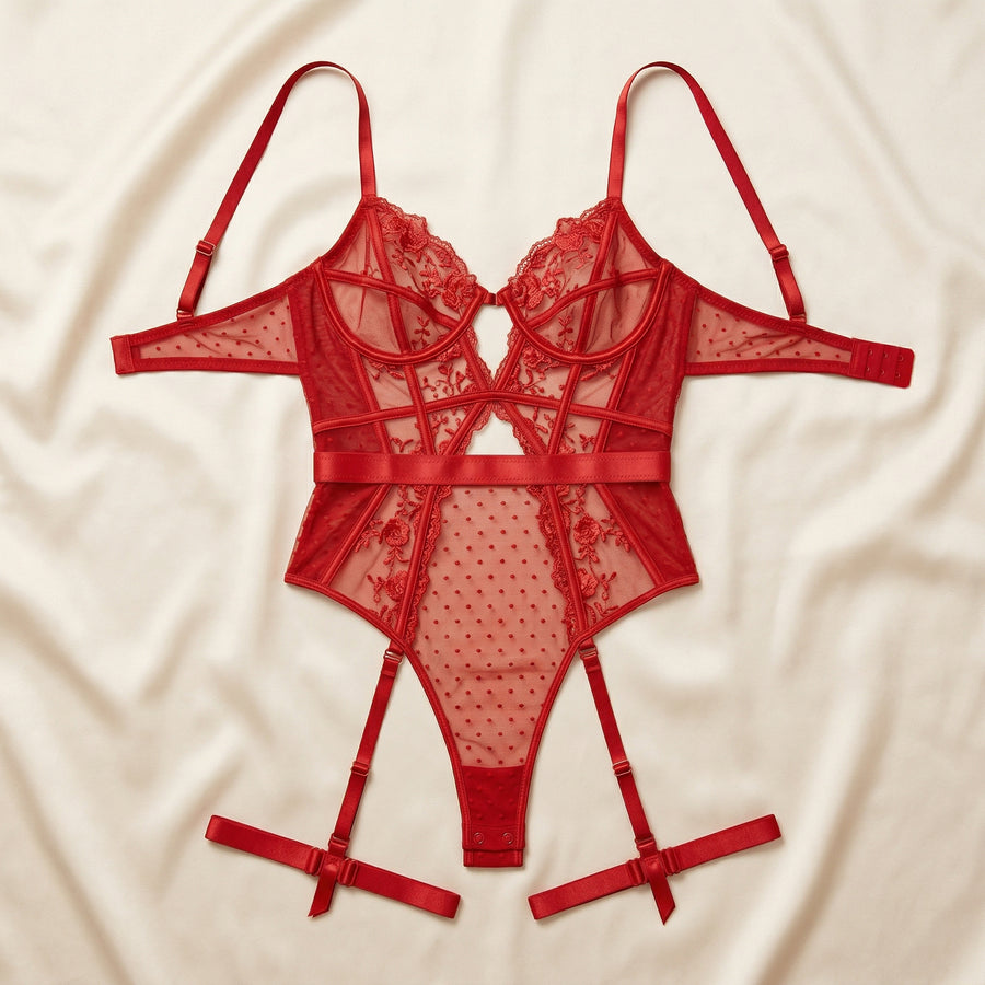 Red Lace Bodysuit with Strappy Detailing-Bodysuit-Bellascena-bellascena