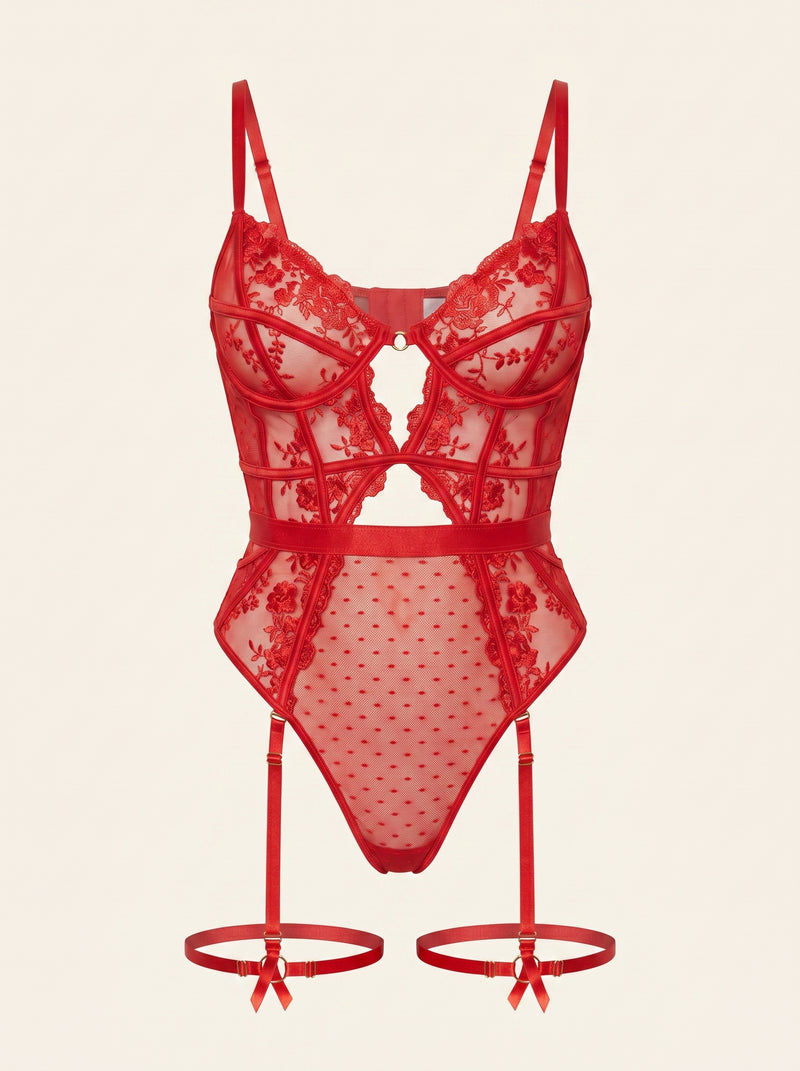 Red Lace Bodysuit with Strappy Detailing