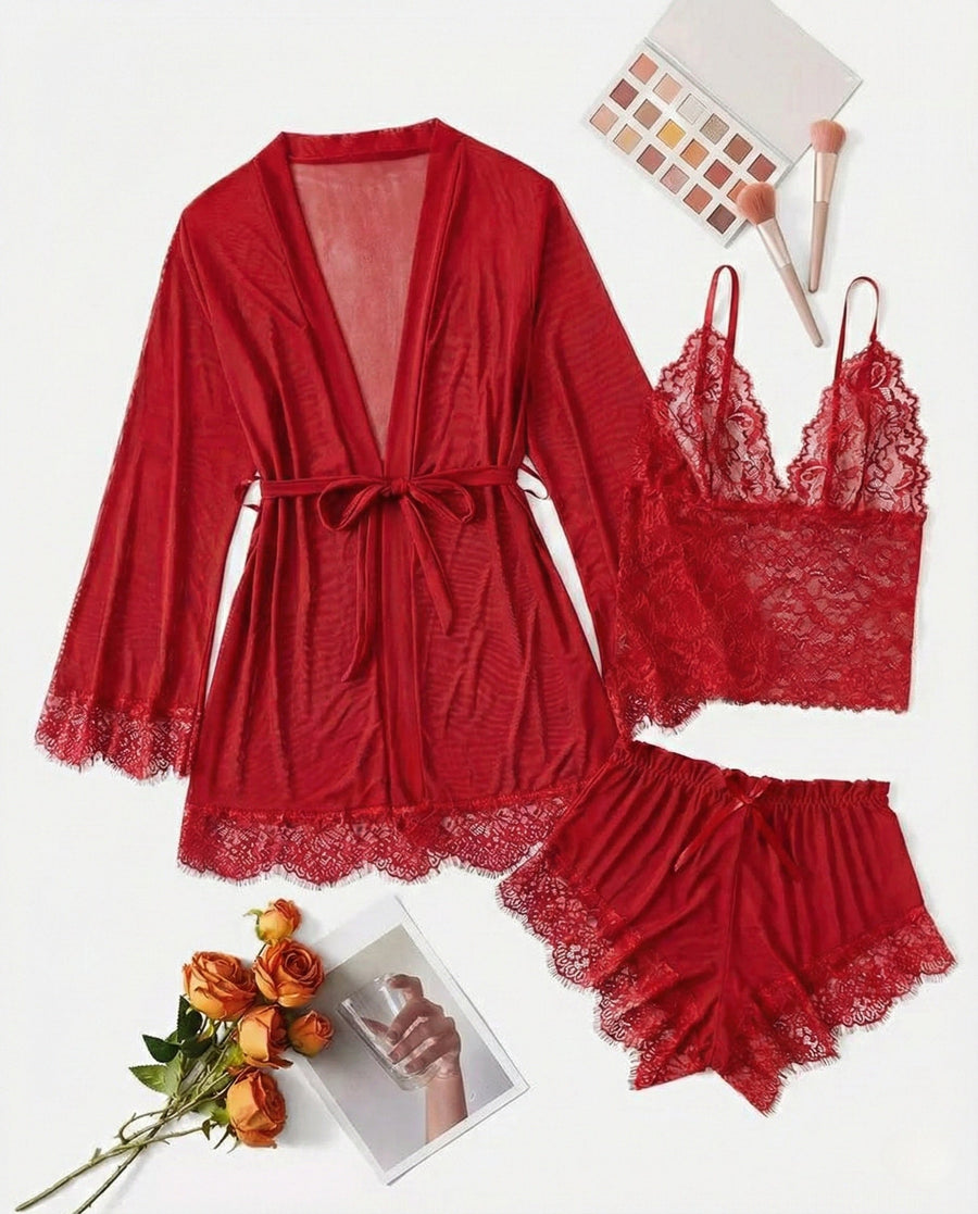 Red Lace Camisole Set with Scalloped Edges-Lingerie Set-Bellascena-bellascena