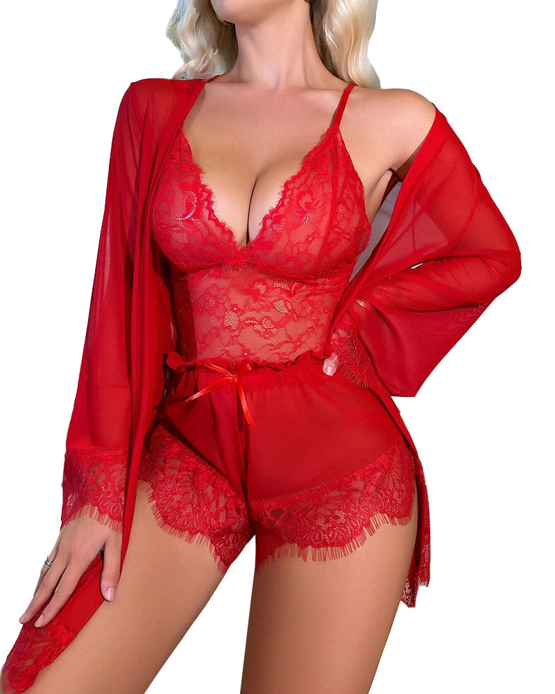 Red Lace Camisole Set with Scalloped Edges-Lingerie Set-Bellascena-bellascena