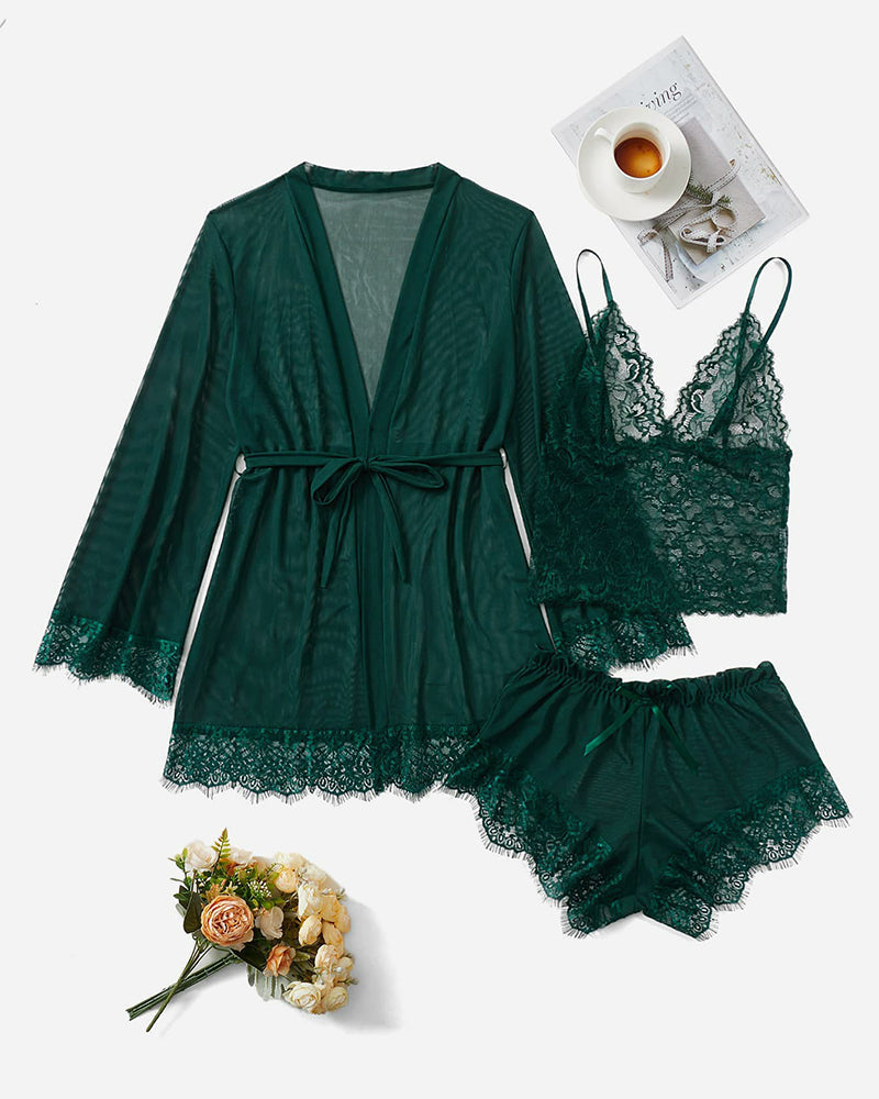 Red Lace Camisole Set with Scalloped Edges-Lingerie Set-Bellascena-Green-S-bellascena