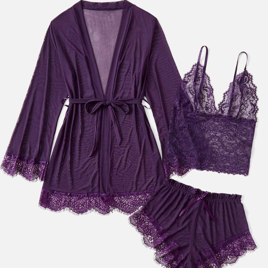 Red Lace Camisole Set with Scalloped Edges-Lingerie Set-Bellascena-Purple-S-bellascena