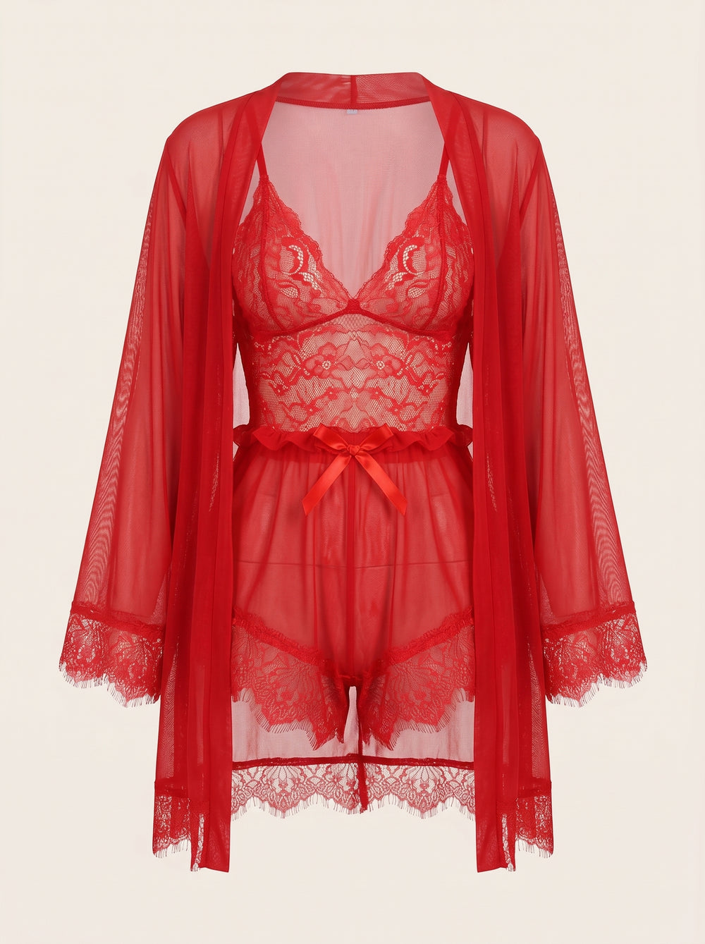 Red Lace Camisole Set with Scalloped Edges