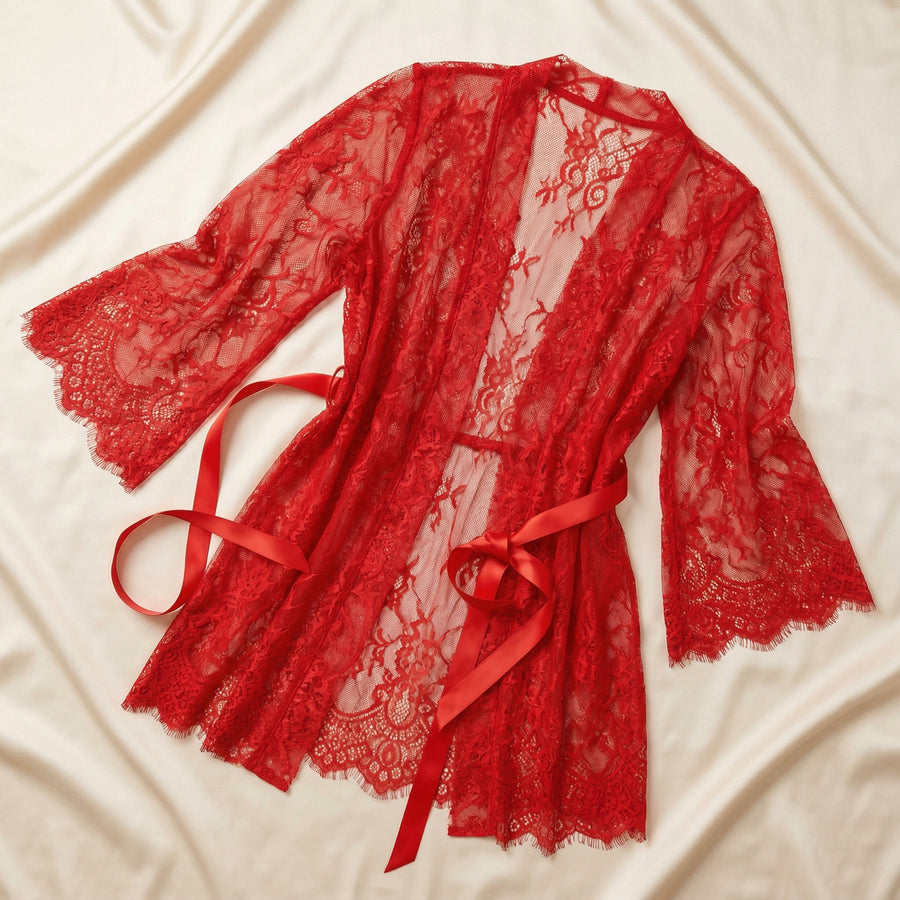 Red Lace Kimono Robe with Sheer Scalloped Edges-Kimono Robe-Bellascena-bellascena