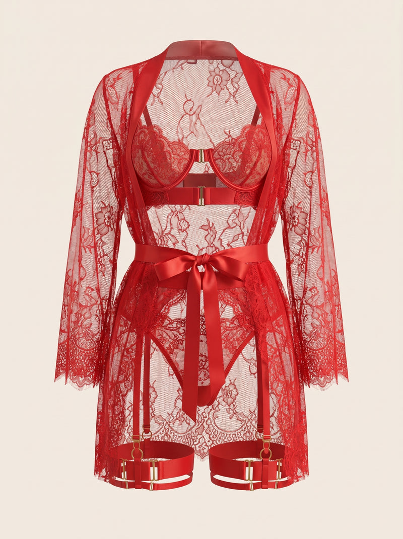 Kimono da notte in pizzo rosso con bordi smerlati trasparenti