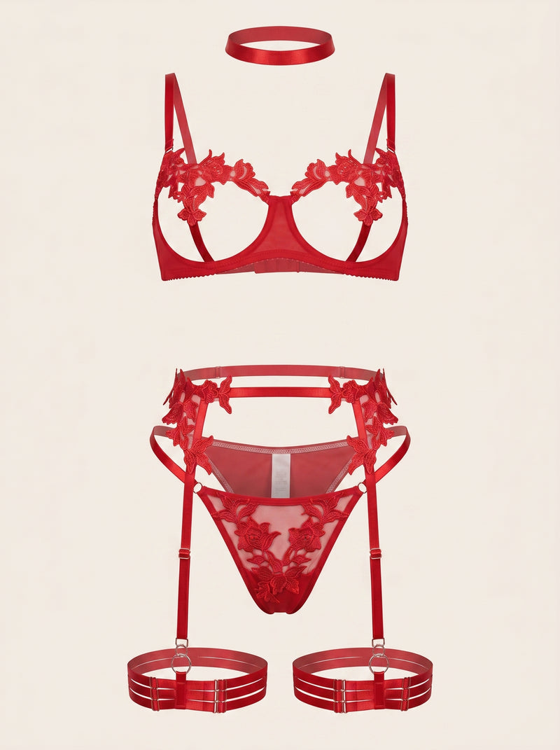 Set di lingerie in pizzo rosso con dettagli a strisce