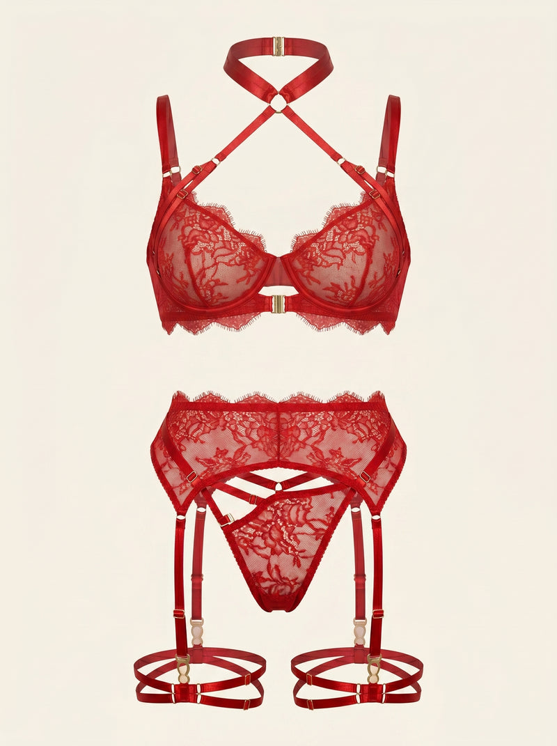 Set di lingerie in rete rossa con bordi in pizzo