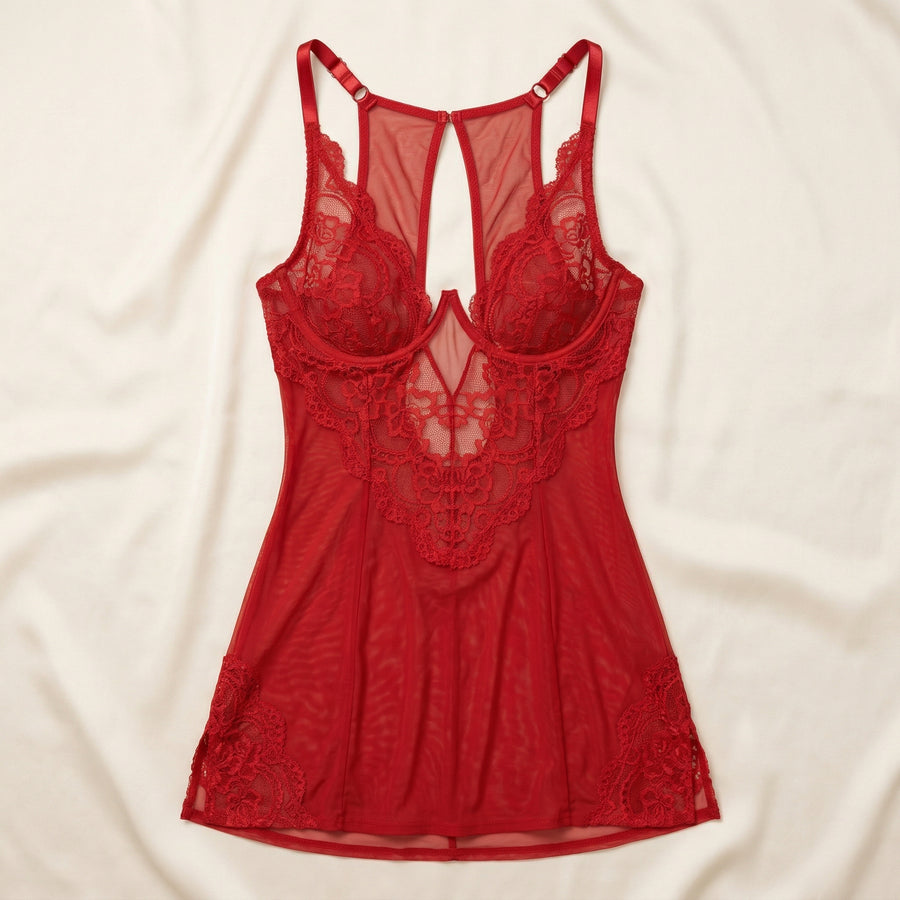 Red Mesh Nightgown with Lace Detail-Nightgown-Bellascena-bellascena