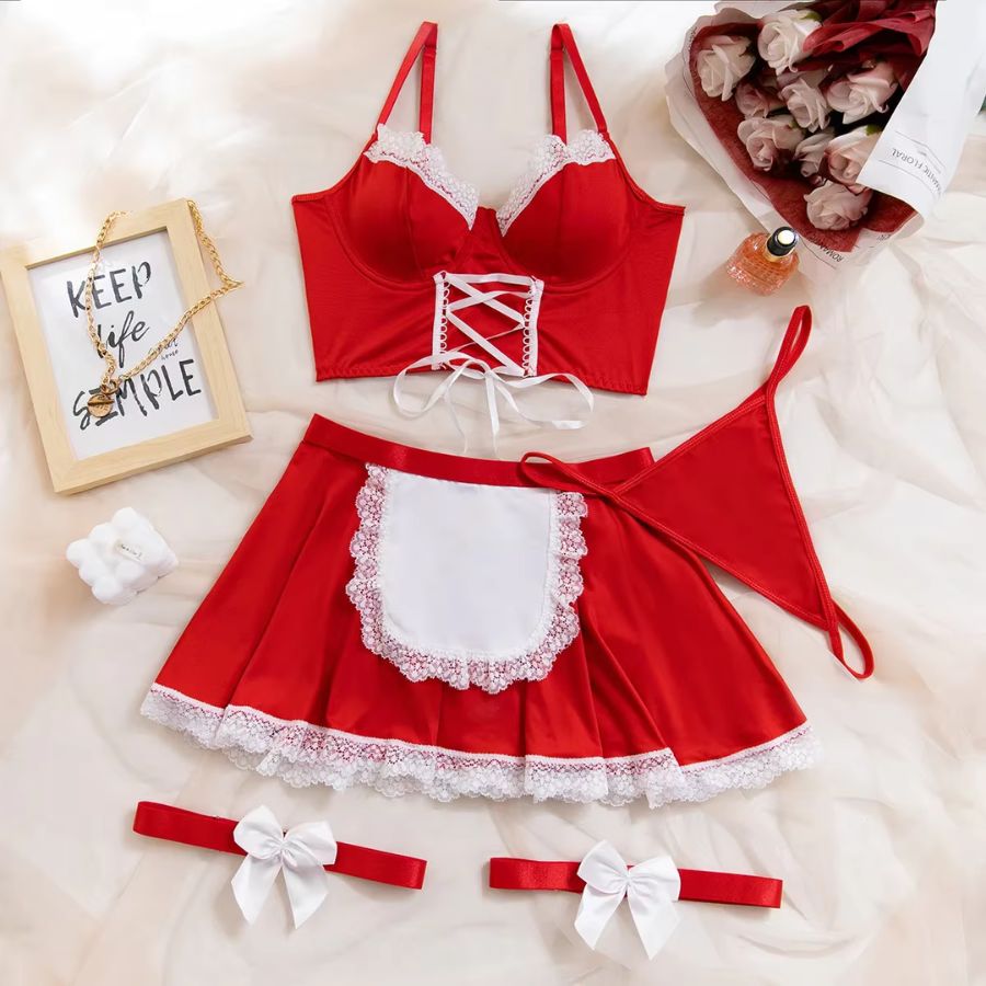 Red Satin Bodysuit with Strappy Corset-Style Lacing-Bodysuit-Bellascena-bellascena